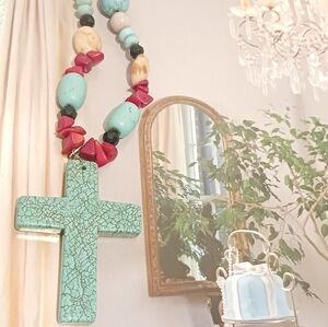 Turquoise Cross Beaded Necklace with Red Accents